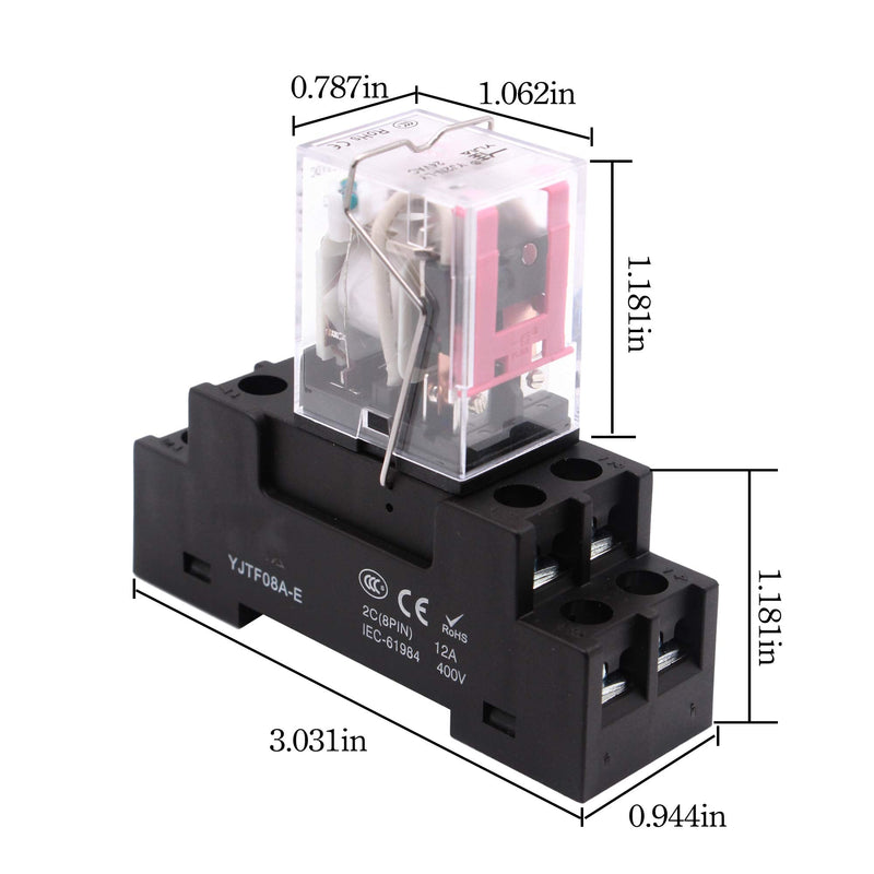 [Australia - AusPower] - Electromagnetic Power Relay, 8-Pin 10 AMP 12V DC Relay Coil with Socket Base, LED Indicator, DPDT 2NO 2NC - MY2NJ [Applicable for DIN Rail System] 12VDC 8Pin - High Current - 10A 