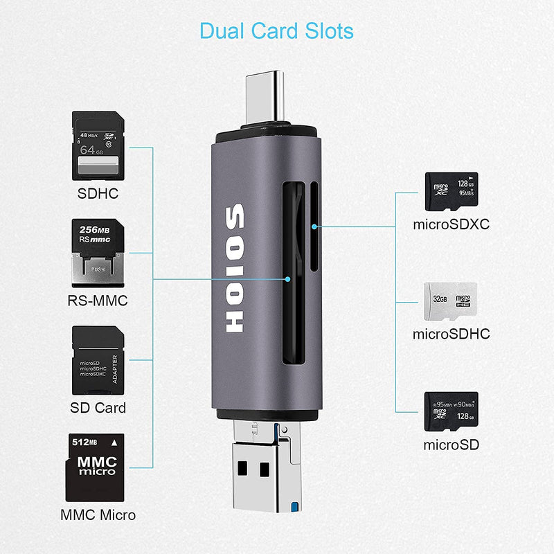 [Australia - AusPower] - SD Card Reader USB-C,3-in-1 Memory Card Reader with Tri-Connectors, USB 3.0 Card Reader Adapter for SDXC,Micro SDXC,Compatible with Windows,Mac OS ,Linux, Android,Silver Gray 