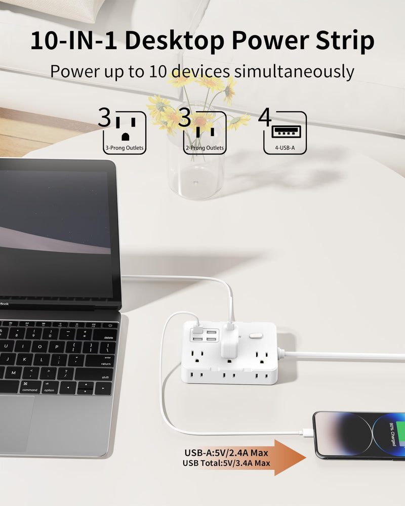 [Australia - AusPower] - DEPOW Power Strip with 6 AC Outlets and 4 USB-A Ports,Wall Mount 45Â° Angled Plug Charging Station with Power Switch, 3Ft Extension Cord for Cruise Ship, Dorm Room, Travel Essentials, White 