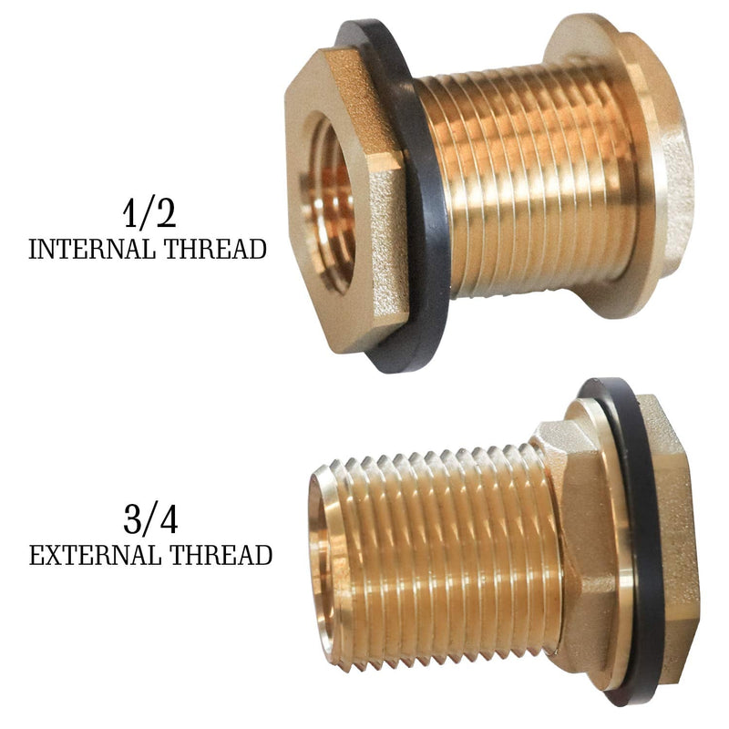 [Australia - AusPower] - Hourleey Solid Brass Bulkhead Fitting, 1/2" Female 3/4" Male GHT Solid Brass Water Tank Connector Theaded with Rubber Ring (2-Pack) 2 Pack 