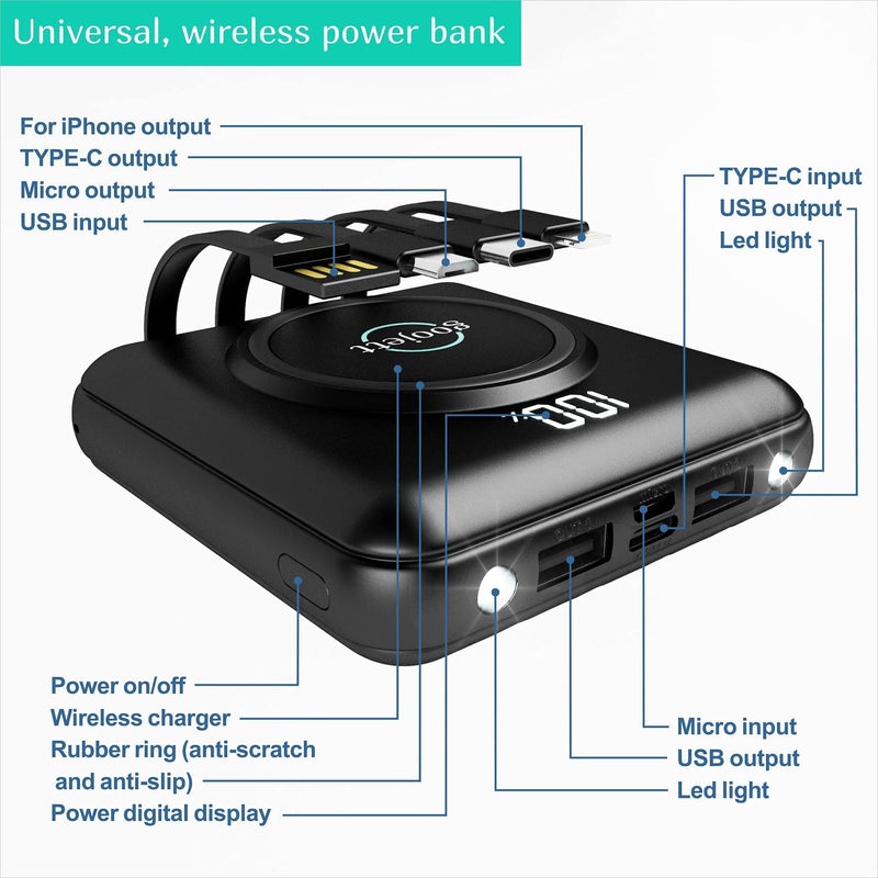 [Australia - AusPower] - Wireless Portable Charger Power Bank 10000mAh Portable Phone Charger,iPhone Charger with Built in 4 Cable, USB-C-Wireless Charging External Battery Pack Backup Compatible with iPhone, Samsung, iPad 1 