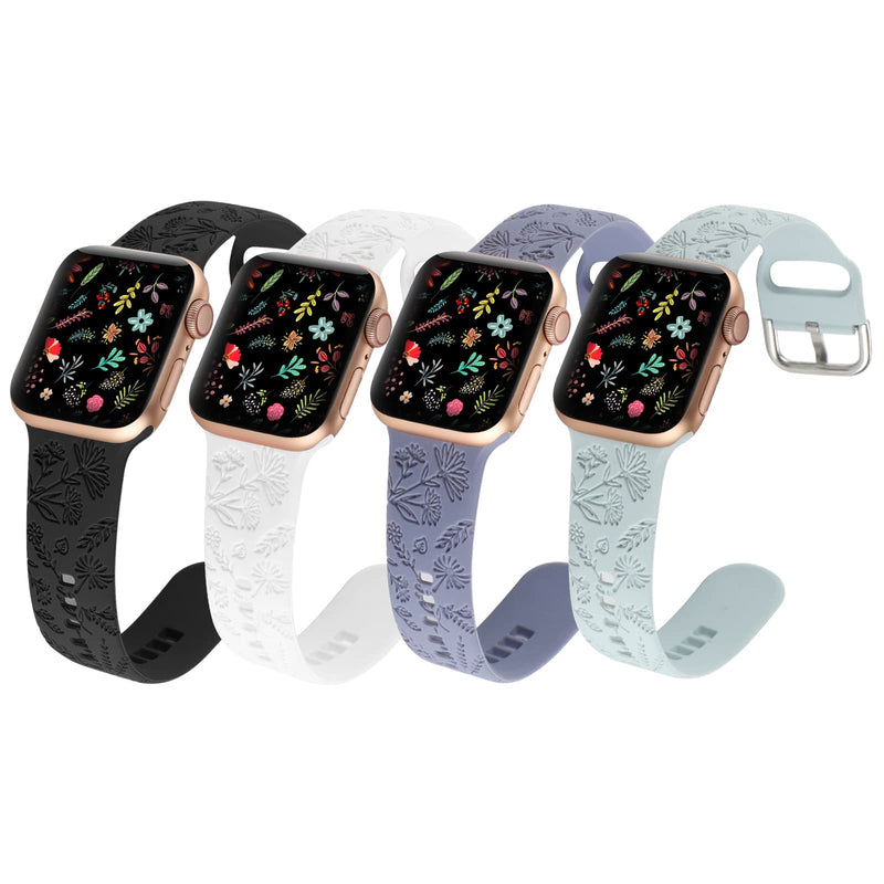 [Australia - AusPower] - 4 Pack Sport Band Compatible with Apple Watch Bands 38mm 40mm 41mm, Floral Engraved Soft Silicone Fancy Cute Flower Fadeless Pattern Replacement Strap for iWatch Series SE 7 6 5 4 3 2 1 Women 42/44/45mm Black Mint Green 
