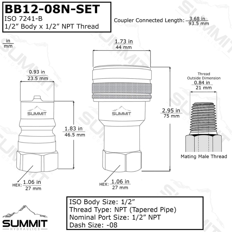 [Australia - AusPower] - 1/2″ NPT ISO 7241-B Brass Quick Disconnect Hydraulic Coupler Set … 