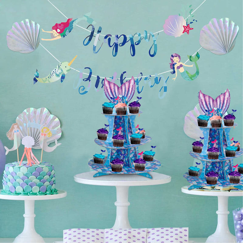 [Australia - AusPower] - 2Pcs Mermaid Cupcake Stand 3-Tier Cardboard Cupcake Stand for 24 Cupcakes Suit for Birthday Baby Shower Wedding Under The Sea Ocean Party Supplies Dessert Tower Display Stand Clearance Halloween Decor 2 pics 