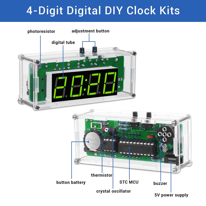 [Australia - AusPower] - MiOYOOW TJ-56-428 4-Digit Digital DIY Clock Kits with Acrylic Shell, DIY Alarm Clock Soldering Practice Kit for Students and DIYers, DIY Electronics Kit for Learning Electronics 4 Digit Multifunctional Clock Kit 