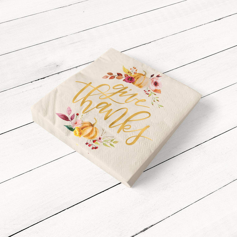 [Australia - AusPower] - xo, Fetti Thanksgiving Gold Foil Napkins - 50 count | Give Thanks Decorations, 5 x 5 inches, 3ply, Autumn Leaves, Pumpkins, Fall Table Decor 