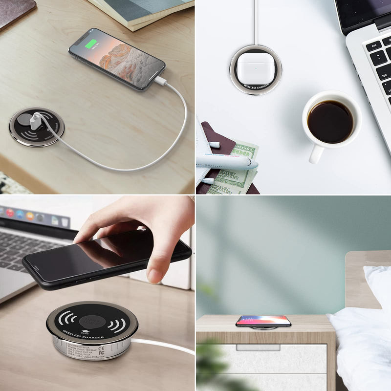 [Australia - AusPower] - Desktop Power Grommet with USB Port & Wireless Charger, 15W Max Fast Wireless Charging Pad Compatible with Qi-Certified for iPhone 13/13Pro/13 Pro Max, iPhone 12/12 Pro Max/11,Samsung Galaxy S21/S20 