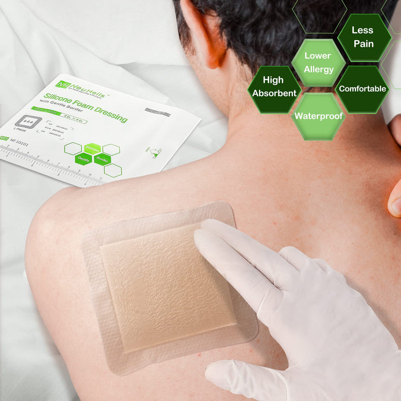 [Australia - AusPower] - Silicone Adhesive Foam Dressing with Gentle Border 4''x4'' for Bed Sore Leg Ulcer 10 Pack, High Absorbency Waterproof Silicone Wound Bandage for Foot Diabetic Ulcer 4x4 Inch (Pack of 10) 