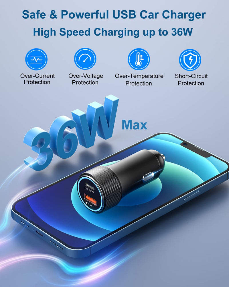 [Australia - AusPower] - [4 Pack] USB C Car Charger, OKRAY 36W Fast Charging Car Charger Adapter, PD20W+QC3.0 Dual Port USB Cigarette Lighter Car Adapter Compatible iPhone 13/12/11/ iPad, Galaxy S22/21, Wireless Car Charger 