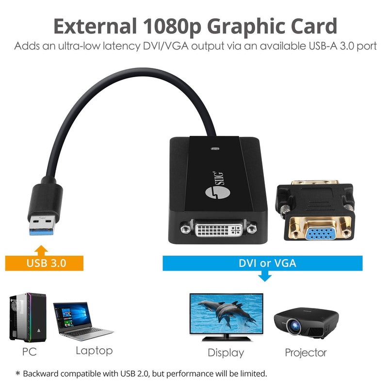 [Australia - AusPower] - SIIG USB 3.0 to DVI/VGA Video Adapter, DisplayLink Chipset, for External Monitors up to 1080p or 2048x1152, DVI to VGA Converter Included, Support Windows 10, 8.1, 7, XP and Mac (JU-DV0112-S2) 