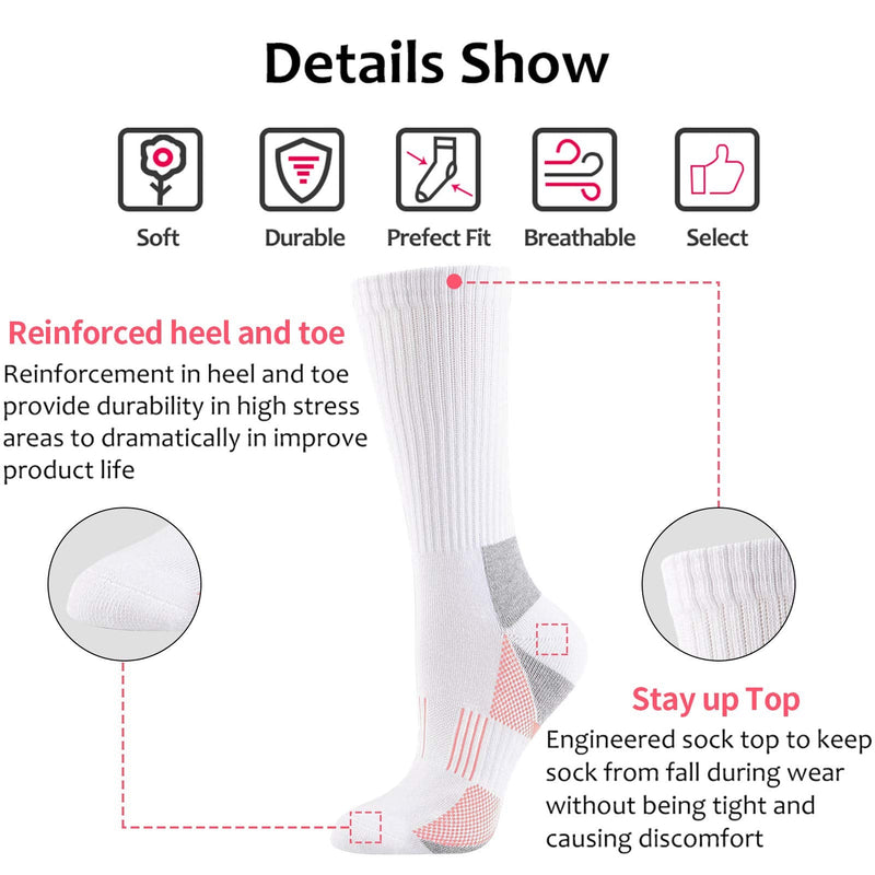 [Australia - AusPower] - JOYNÉE Womens-Crew-Athletic-Socks Cushion Running Socks with Moisture Wicking for Sports and Daily Wear 6 Pairs White2 