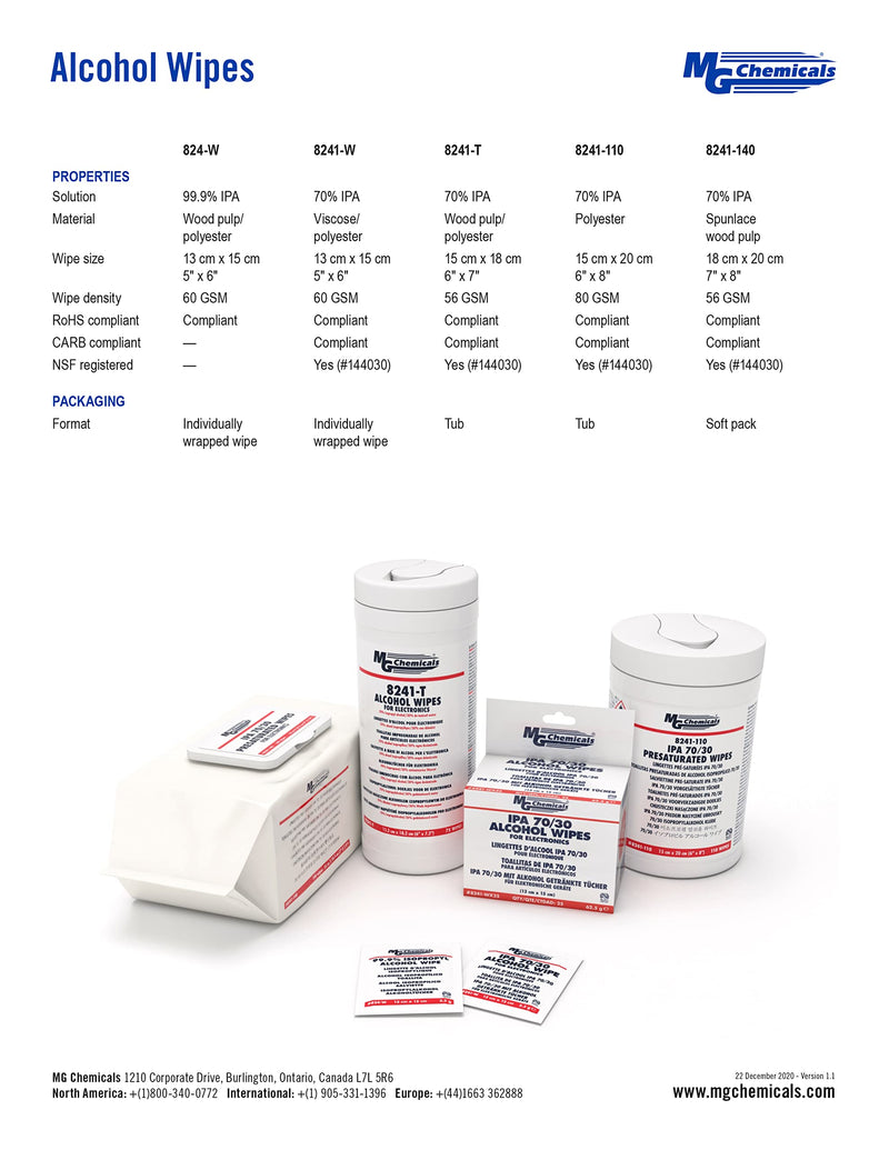 [Australia - AusPower] - MG Chemicals 99.9% Isopropyl Alcohol Wipe, 6" Length x 5" Width (Bag of 25) (824-WX25) 