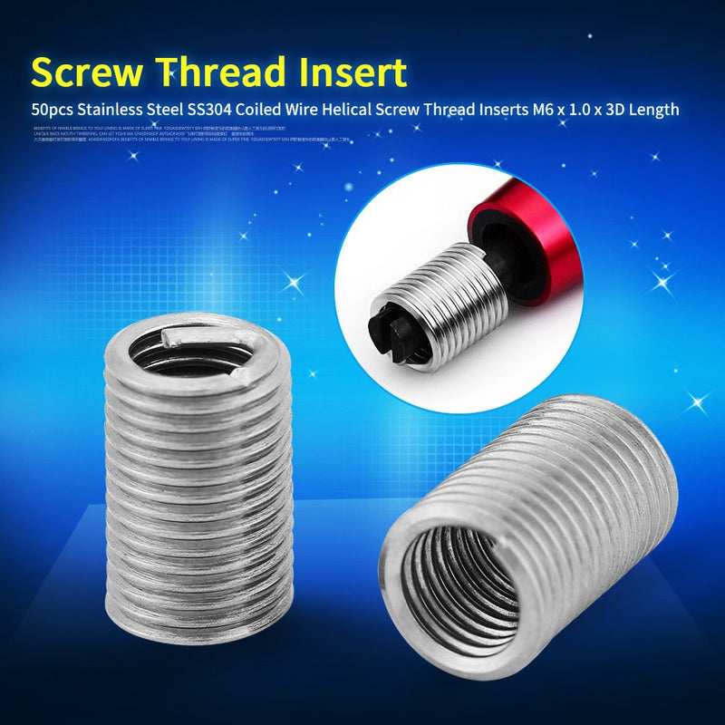 [Australia - AusPower] - 50pcs M6 x 1.0 x 3D Stainless Steel Coiled Wire Helical Screw Thread Inserts Helicoil Wire Thread Inserts, SS304 