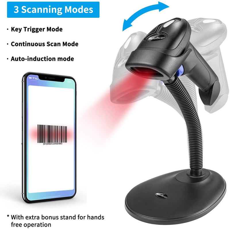 [Australia - AusPower] - NetumScan Wireless Barcode Scanner with Stand, Portable Automatic Barcode Reader 2-in-1 (2.4G Wireless & USB 2.0 Wired QR Code Scanner for Warehouse POS and Computer (1D) 1D 