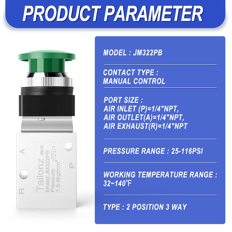[Australia - AusPower] - TAILONZ PNEUMATIC Green 1/4”NPT Manual Control Type Mushroom Push Button 3 Way 2 Position Pneumatic Control Mechanical Valve 
