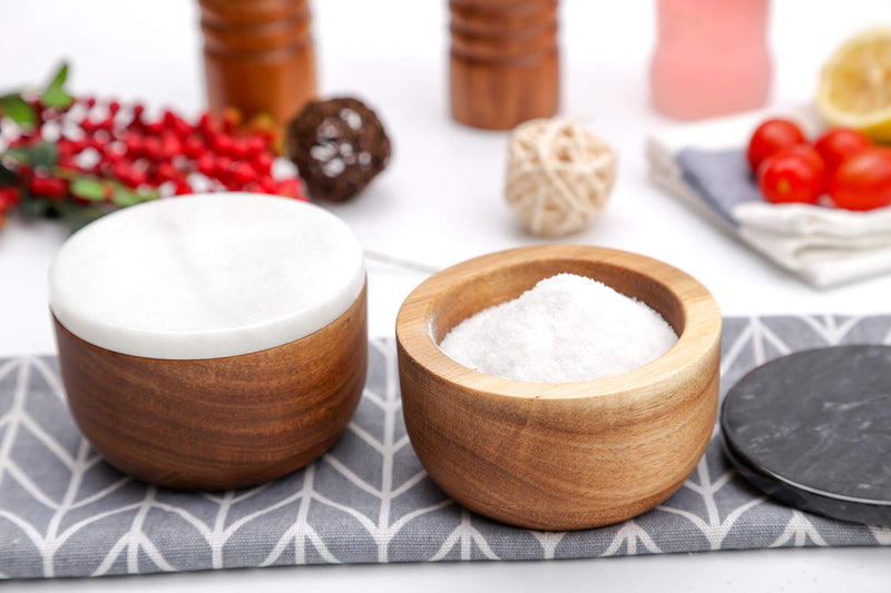 [Australia - AusPower] - jalz jalz Large Wood Salt Box with Spoon Spice Seasonings Keeper Solid Natural Acacia Base White Marble Lid Elegant Design Decorative Boxes Big Capacity White Cover 