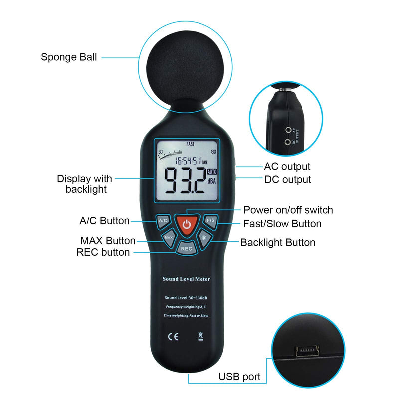 [Australia - AusPower] - High Accuracy Data Hold Logger CD Software Decibel Sound Level Meter Monitor Indicator LCD Backlight MAX/MIN Display Audio Noise Measure 30dB~130dB Instrument Compact Professional Sound Meter w/CD software 