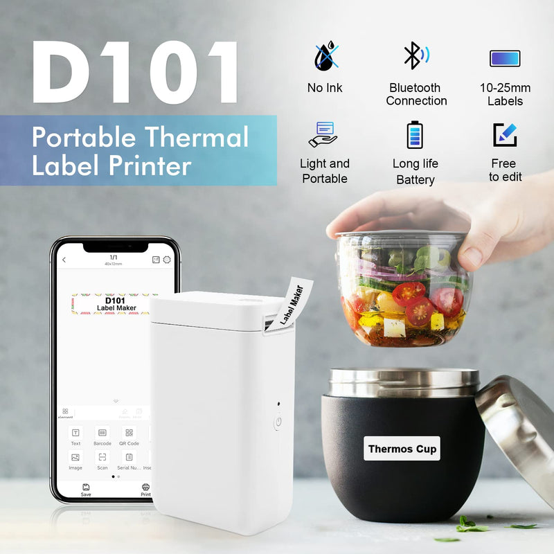 [Australia - AusPower] - 1 Inch Label Printer D101 with a Roll Paper, Portable Bluetooth Rechargeable Sticker Maker, Easy to Print Name, Text, Cable Labels, Price Tags, Barcode, Emojis, Symbols and More 