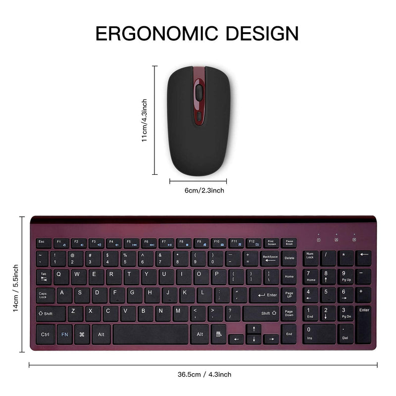[Australia - AusPower] - Wireless Keyboard Mouse Combo, cimetech Compact Full Size Wireless Keyboard and Mouse Set 2.4G Ultra-Thin Sleek Design for Windows, Computer, Desktop, PC, Notebook - (Wine red) Wine Red 
