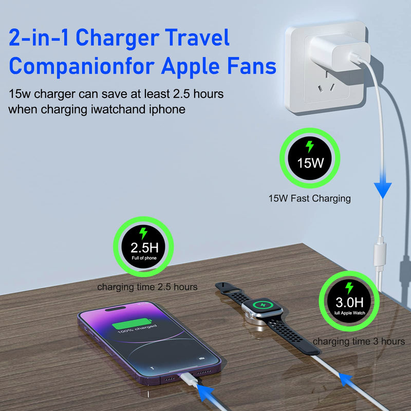 [Australia - AusPower] - Apple Watch Charger，2023 Upgraded 2 in 1 iPhone and iWatch Wireless Magnetic Fast Charging Cable 6FT with USB-C Charger Block Compatible with Apple Watch Series SE/8/7/6/5/4/3/2/1 & iPhone 14/13/12/11 