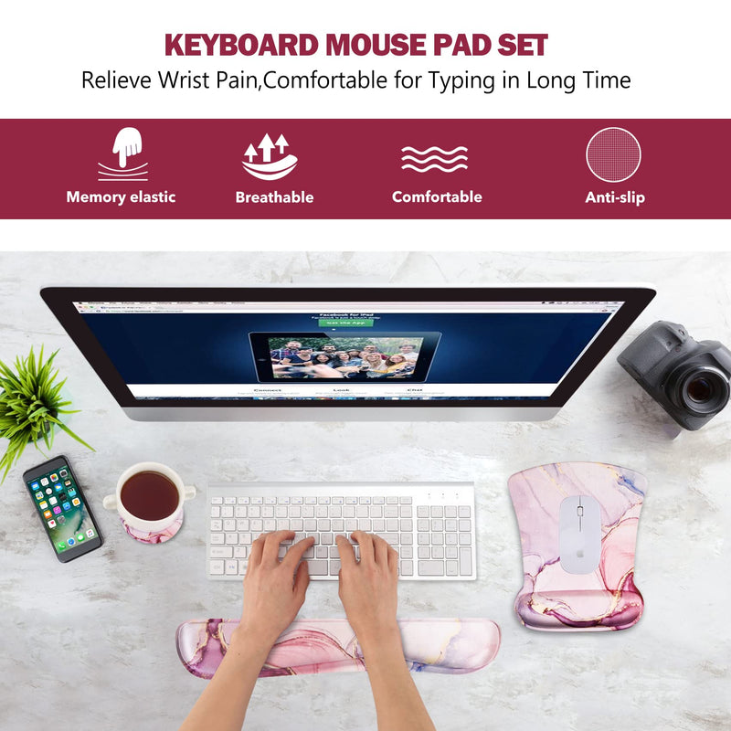 [Australia - AusPower] - AIMSA Ergonomic Keyboard Wrist Rest and Mouse Pad with Wrist Support Set, Memory Foam Non-Slip Rubber Base, for Home, Office, Easy Typing, Pain Relief, Pink Purple Marble 