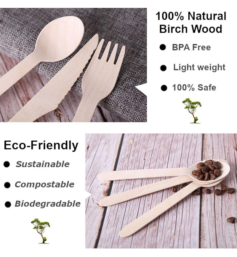 [Australia - AusPower] - ECOLOJIKS Disposable Wooden Cutlery Set | Eco-Friendly, Biodegradable, Compostable, Sustainable and All Natural 200 Piece Utensil Set 6.5” 100 Forks | 50 Knives | 50 Spoons 