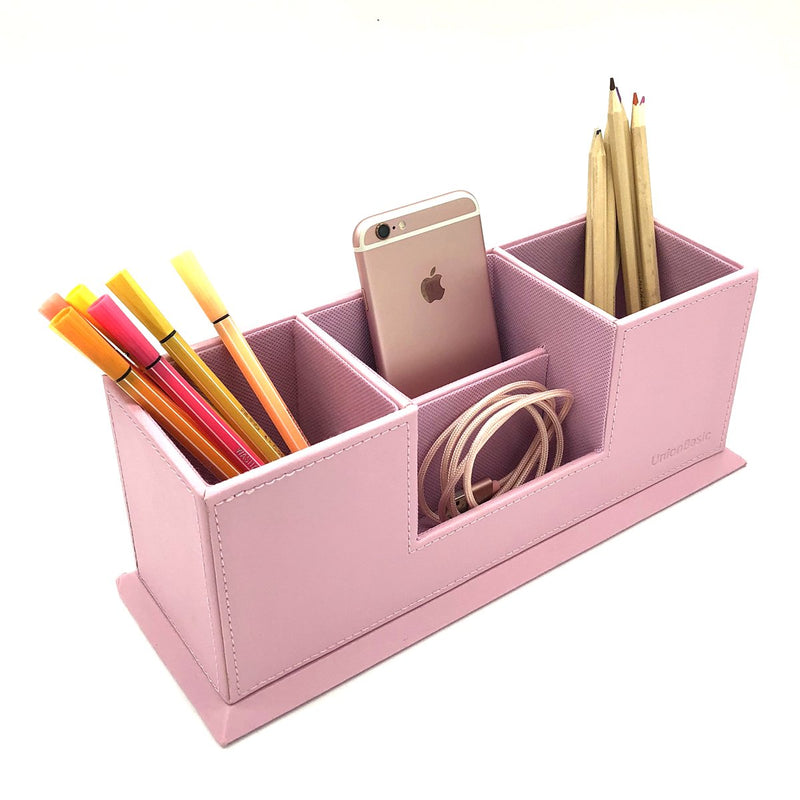 [Australia - AusPower] - UnionBasic 4 Compartment Desk Organizer - Dual Pen Holder - Card/Pen/Pencil/Mobile Phone Office Supplies Holder (Pink) Pink 