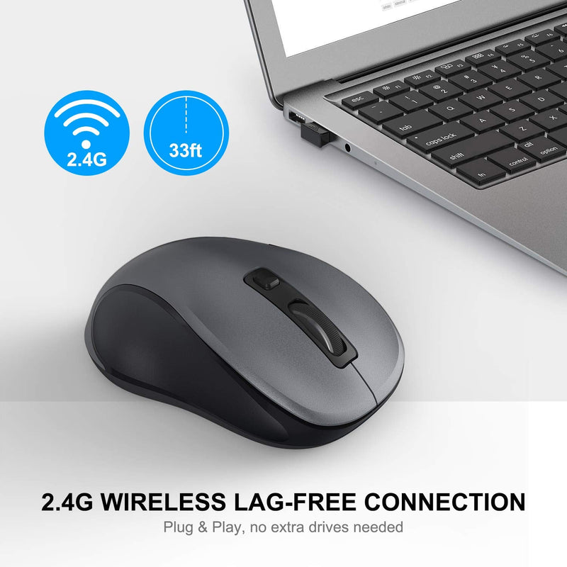 [Australia - AusPower] - WisFox 2.4G Wireless Mouse for Laptop, Ergonomic Computer Mouse with USB Receiver and 3 Adjustable Levels, 6 Button Cordless Mouse Wireless Mice for Windows Mac PC Notebook (Grey) Gray 