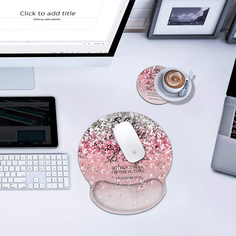[Australia - AusPower] - Ergonomic Mouse Pad Wrist Support and Coasters Set, Cute Wrist Rest Pad with Non-Slip PU Base for Home Office Working Studying Easy Typing & Pain Relief, Pink Glitter Quote Bible Verse Proverbs 31:25 Bw-wrist Pad-27 