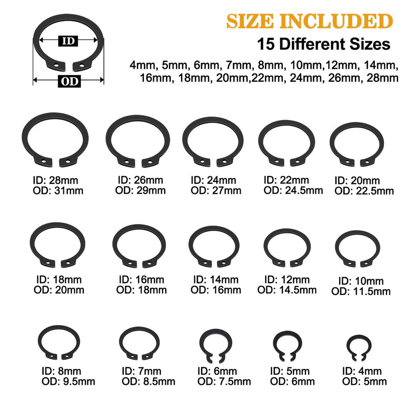 [Australia - AusPower] - VIGRUE 315Pcs Snap Ring Shop Assortment Alloy Steel External Circlip Snap Retaining Clip Rings Set, 15 Sizes 