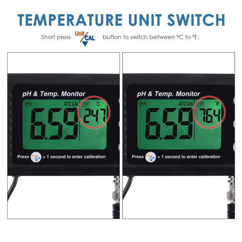 [Australia - AusPower] - 2 in 1 Temperature pH Monitor Meter Tester Sensor test Kit 0~14.0 pH Measure Automatic Calibration BNC electrode Probe for Hydroponics Aquarium Lab Testing Drinking Water Food pH of saltwater/seawater Ph/Temp Meter w/ BNC electrode (Upgraded) 
