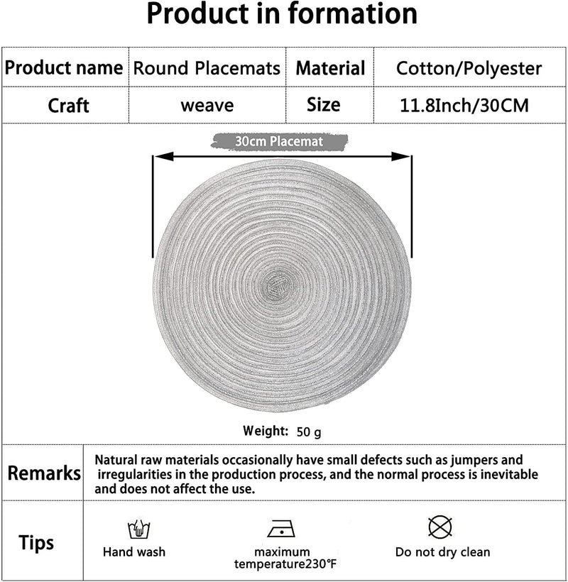 [Australia - AusPower] - ADIDO EVA Round Placemats Set of 4 Heat Resistant Braided Place Mats 11.8 inch for Kitchen Table Silver 11.8 Inch Diameter 