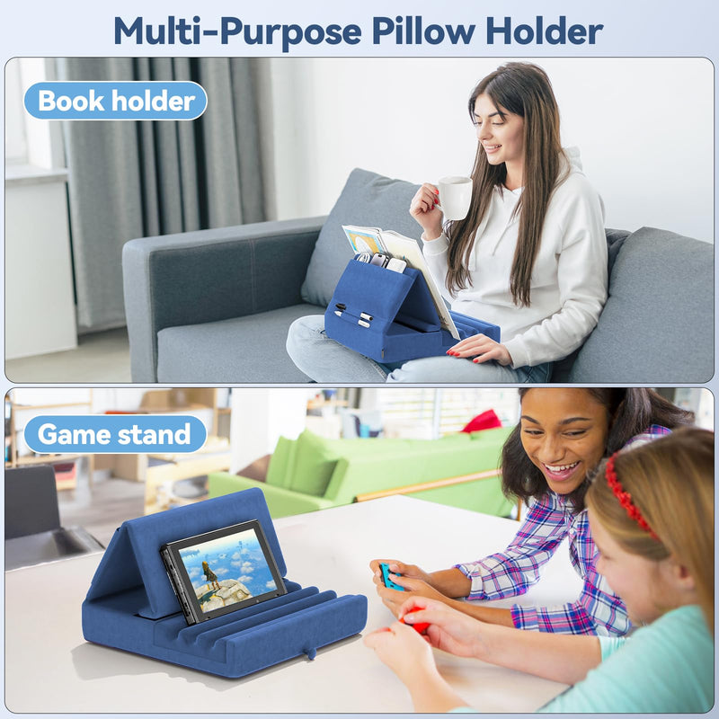 [Australia - AusPower] - KDD Tablet Pillow Holder, Foldable iPad Stand for Lap, Bed and Desk -Tablet Soft Pad Dock with Pocket & Stylus Mount Compatible with iPad Pro 12.9, 10.5, 9.7 Air Mini 6 5 4 3, Kindle, E-Reader, Blue 