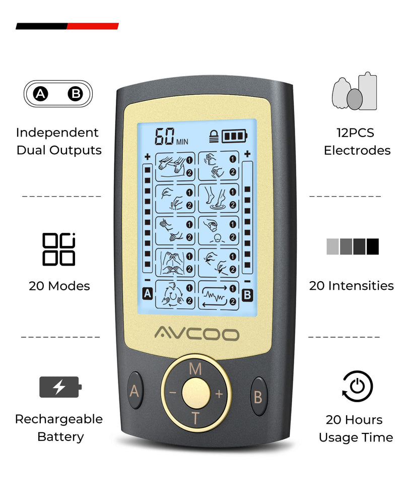 [Australia - AusPower] - Independent Dual Channel TENS Unit Muscle Stimulator, AVCOO 20 Modes Muscle Stimulator for Pain Relief with 12 Upgraded Electrode Pads, Rechargeable TENS Machine Pulse Massager with Dust-Proof Bag 