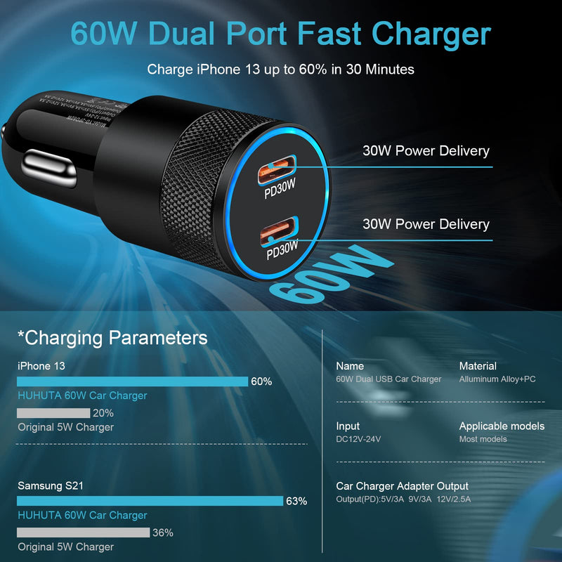[Australia - AusPower] - USB C Car Charger Adapter, Huhuta 60W Dual PD Power Delivery Fast Mini Cigarette Lighter Car Adapter for iPhone 13 12 11 Pro Max Mini XR XS, Galaxy S21 S20 Note 20, Pixel 5 4 3a 2 XL, LG Stylo 6 5 4 