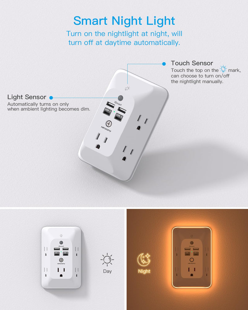 [Australia - AusPower] - Multi Plug Outlet, Outlet Extender with 4 USB Ports (2 USB C) and Night Light, 1050J Surge Protector, Wall Mount, Outlet Splitter for Bathroom Kicthen Camper Dorm Room Essentials 5 AC +2 USB A +2 USB C & Light 