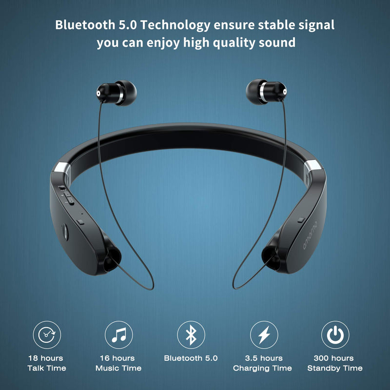 [Australia - AusPower] - AMORNO Foldable Bluetooth Headphones Wireless Neckband Headset with Retractable Earbuds, Sports Sweatproof Noise Cancelling Stereo Earphones with Mic Black 