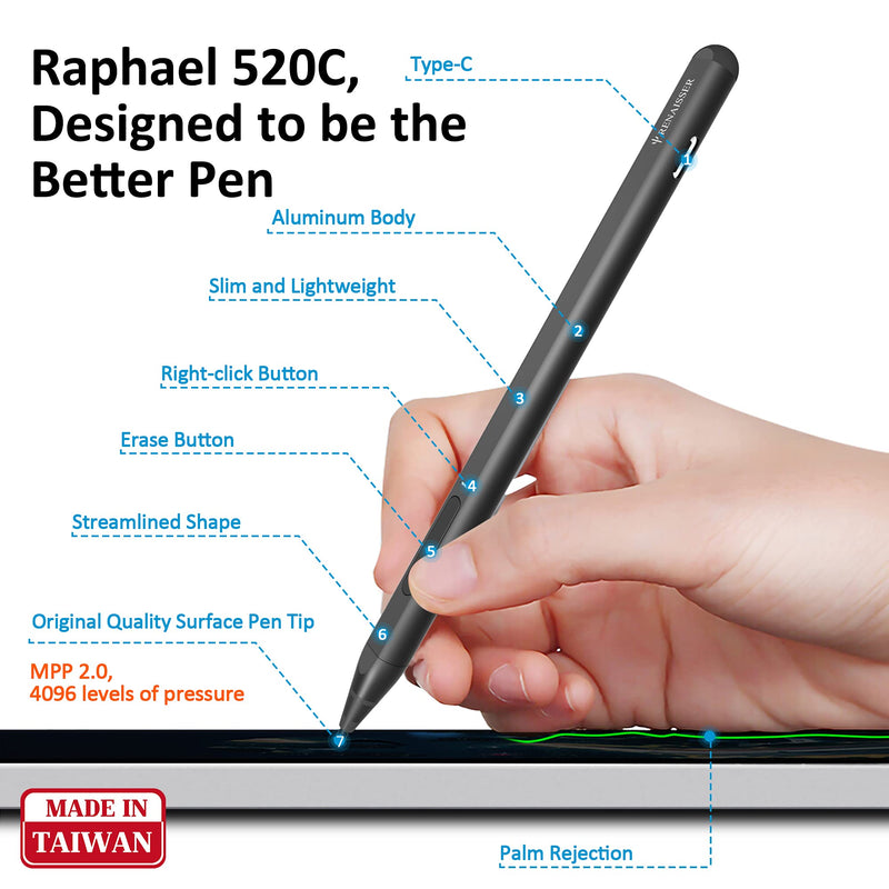 [Australia - AusPower] - RENAISSER Raphael 520C Stylus Pen for Surface, USB-C Charging, Designed in Houston, Made in Taiwan, 4096 Pressure Sensitivity, Match Surface Pro 8/7/Surface Laptop Studio/Go 3, Magnetic Attachment Black 