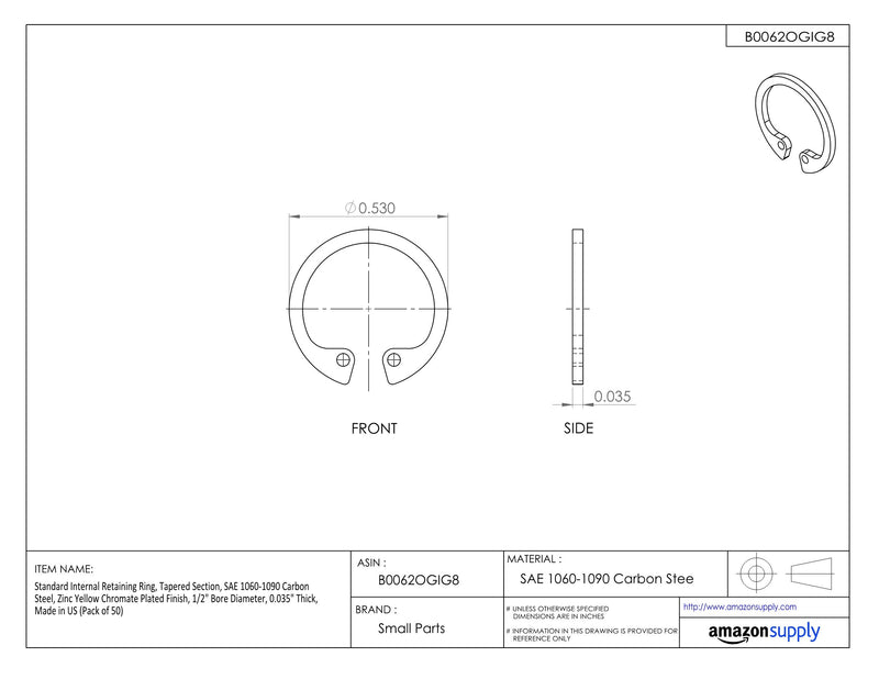 [Australia - AusPower] - Standard Internal Retaining Ring, Tapered Section, SAE 1060-1090 Carbon Steel, Zinc Yellow Chromate Plated Finish, 1/2" Bore Diameter, 0.035" Thick, Made in US (Pack of 50) 1/2 Inches Bore Diameter 