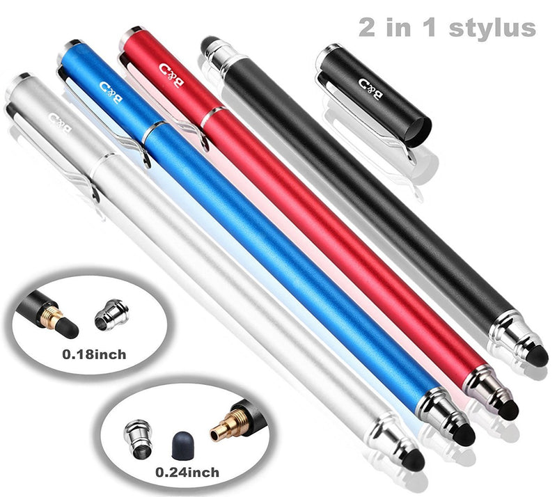 [Australia - AusPower] - Bargains Depot Capacitive Stylus / Styli 2-in-1 Universal Stylus Pens for All Touch Screen Tablets / Cell Phones with 20 Extra Replaceable Soft Rubber Tips (4 Pieces, Black/Red/Silver/Blue) Black&Red&Silver&Blue 