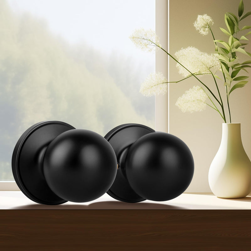 [Australia - AusPower] - Moquin Round Ball Style Passage Door Knob, No Lock Interior Door Knob, Keyless Doorknob for Hall Closet Pantry, Matte Black Finish 1 Pack Passage-NO Lock & NO Key 
