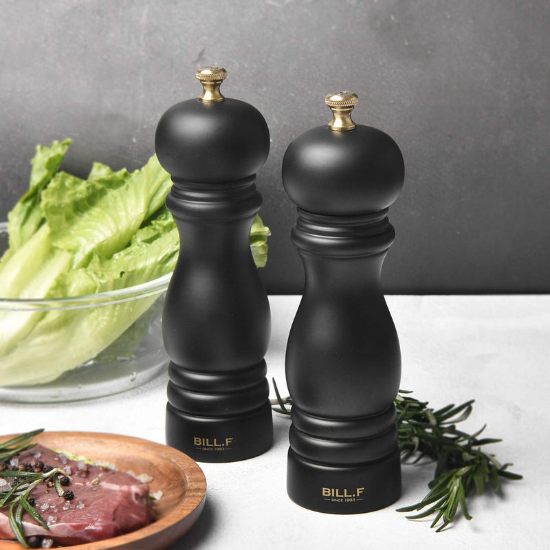 [Australia - AusPower] - BILL.F Salt and Pepper Grinder Wooden Pepper Mill Grinder Salt Pepper Shakers Set of 2 with Adjustable Ceramic Rotor- 7 Inch Black 
