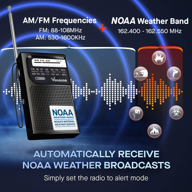 [Australia - AusPower] - NOAA Weather Radio - Emergency NOAA/AM/FM Battery Operated Portable Radio with Best Reception. Hurricane Supplies for Home. Powered by 2 AA Batteries, by Vondior (Black) Black 