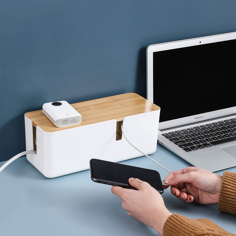 [Australia - AusPower] - Changsuo Cable Management Box with Bamboo Lid Small Cable Organizer Box for Extension Cord Power Stripe Surge Protector Wire Management Concealer Organizer Cover Hider (White) White 