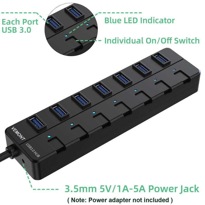 [Australia - AusPower] - USB hub 3.0,7-Port USB Hub,VEMONT 3.0 USB Splitter with Individual On/Off Switches and Lights, 4ft/1.2m Long Cable USB Extension for Laptop and PC Computer 4ft Black 