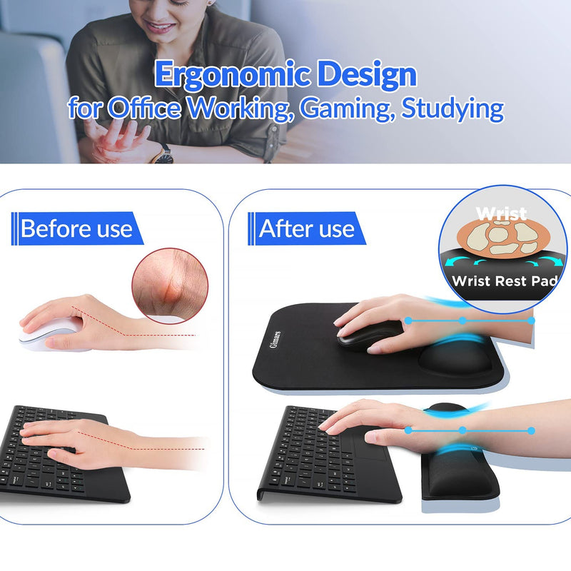 [Australia - AusPower] - Gimars Elongate Smooth Lycra Fabric Ergonomic Mouse Pad Wrist Support, Gel Memory Foam Cushion Set Keyboard Wrist Rest Support, Pain Relieve for Computer, Laptop, Office, School, Home, Gaming, Black Square Set-black 