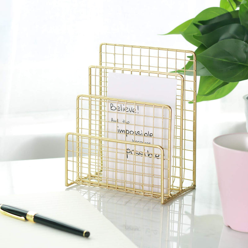 [Australia - AusPower] - Geiornzer 3 Slots Letter Holder, Metal Multifunctional File Holder for Mails, Books, Brochures and Postcards, Desktop Office Organizer Decoration, 5.6” x 3.7” x 7.0” , Gold 