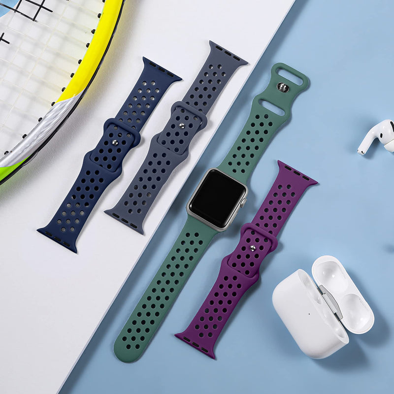 [Australia - AusPower] - Getino Compatible with Apple Watch Bands 40mm 41mm 38mm Women Men, Breathable Durable Soft Silicone Bands for iWatch Series 7 6 5 4 3 2 1 SE Sport Edition, Purple/Dark Blue/Blue Gray/Pine Green 38mm/40mm/41mm 