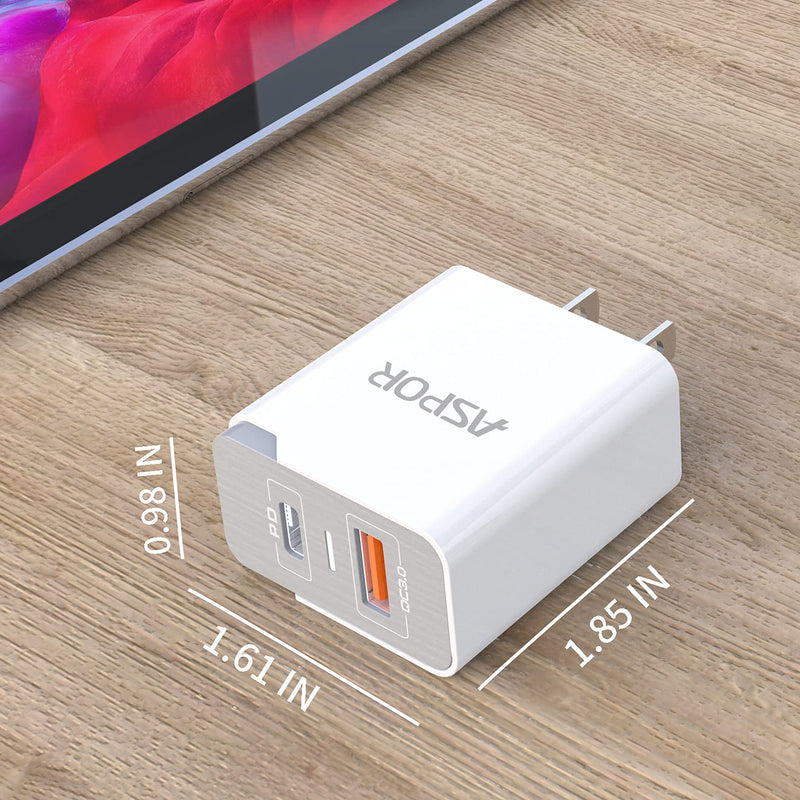 [Australia - AusPower] - 20W Dual Ports Charger with Type C QC 3.0 and Indicator Light, Super Fast Portable Cell Phone Wall Charger, ASPOR USB C and USB A Home Power Adapter,Compatible for Smart Phone 13 Tablet 