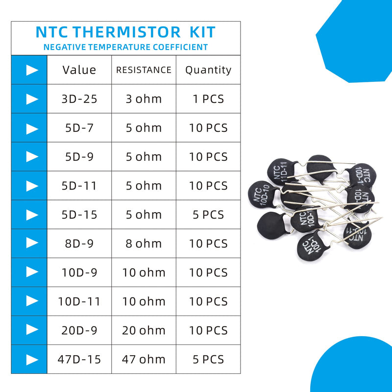 [Australia - AusPower] - KOKISO NTC Thermistor Resistors 10 Values 81 PCS Inrush Current Limiter Temperature Sensors Assorted Kit Assortment(3D-25,5D-7,5D-9,5D-11,5D-15,8D-9,10D-9,10D-11,20D-9,47D-15) 